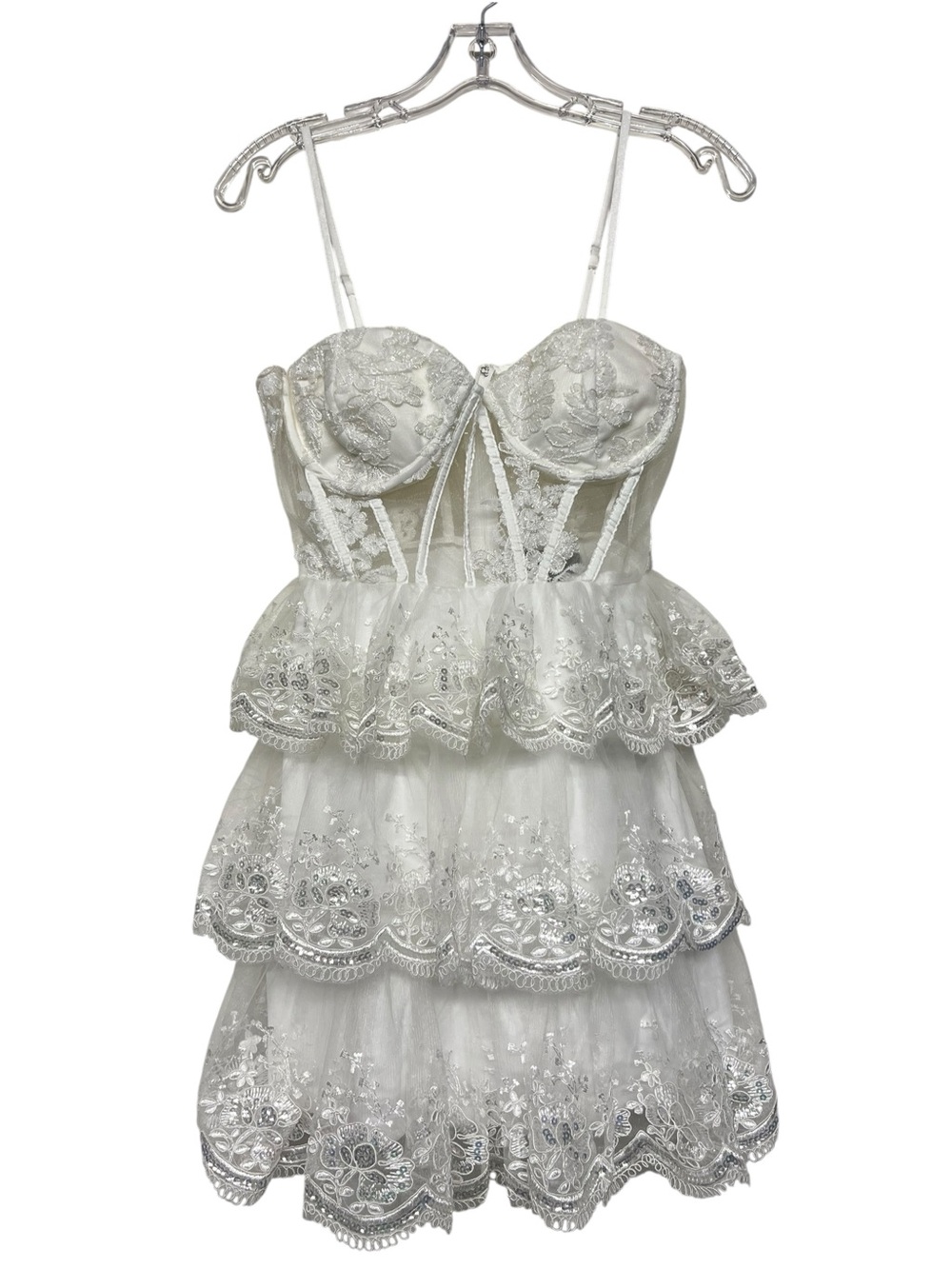Lulu's White Lace Tiered Bustier Tiered Embroidered Mini Dress XS